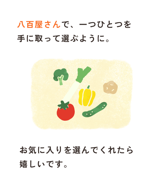 八百屋さんでお気に入りを選ぶように手に取っていただけたら嬉しいです。